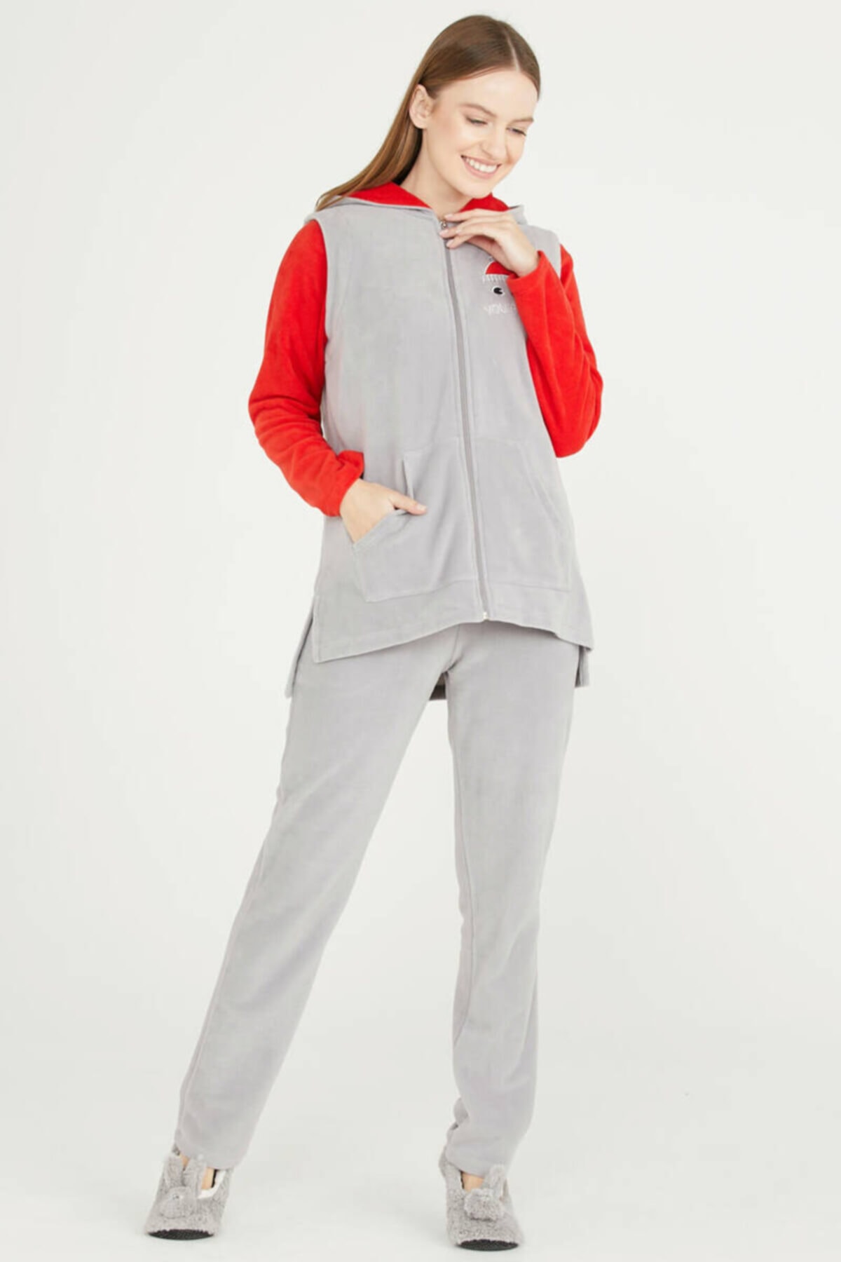 Sementa Kadın Gri Yelekli Üçlü Polar Pijama Takımı