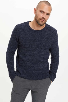 DeFacto Erkek Lacivert Bisiklet Yaka Slim Fit Kazak R1175AZ20WN