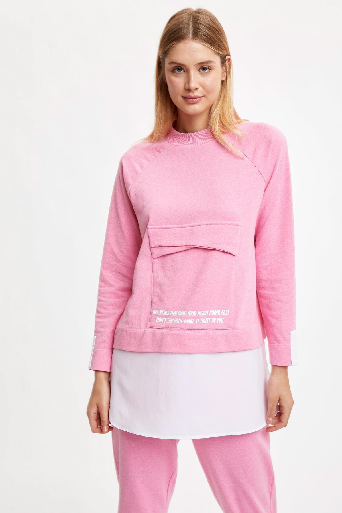 DeFacto Kadın Pembe Kanguru Cepli Gömlek Etekli Sweat Tunik R7562AZ20AU