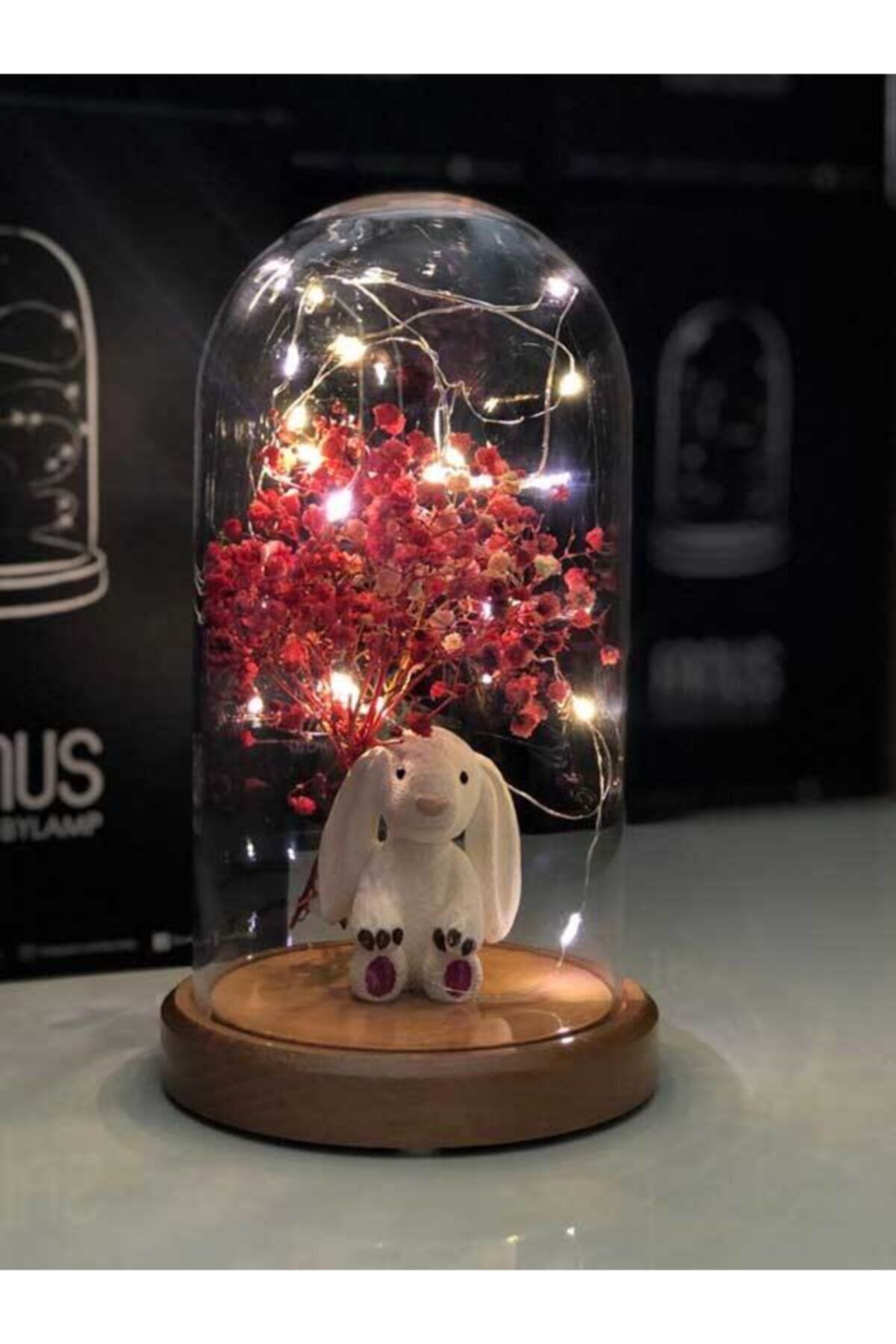BYLAMP Işıklı Cam Fanus Pembe Tavşan Ve Çiçek Figürlü Lamba (ahşap Taban)