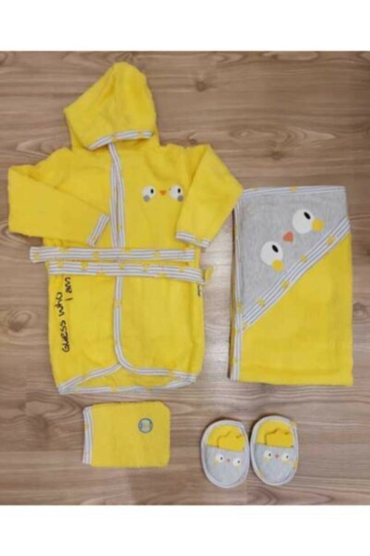 Miniworld Erkek Kız Bebek Sarı Kutulu 4 Parça Bornoz Seti