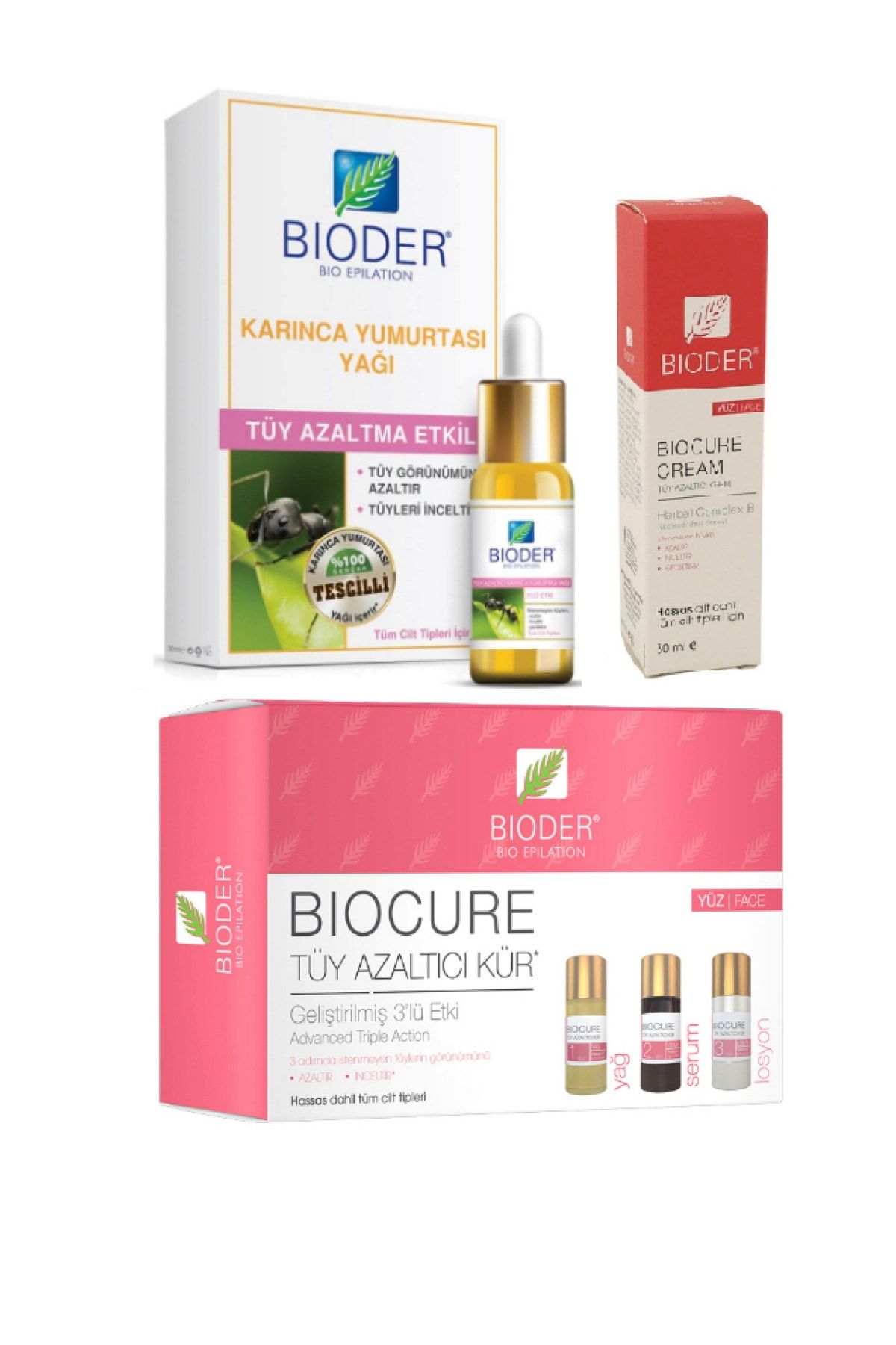 Bioder Tüy Azaltıcı Karınca Yumurtası Yağı 30 ml Yüz Serum 3x5ml Yüz Krem 30ml