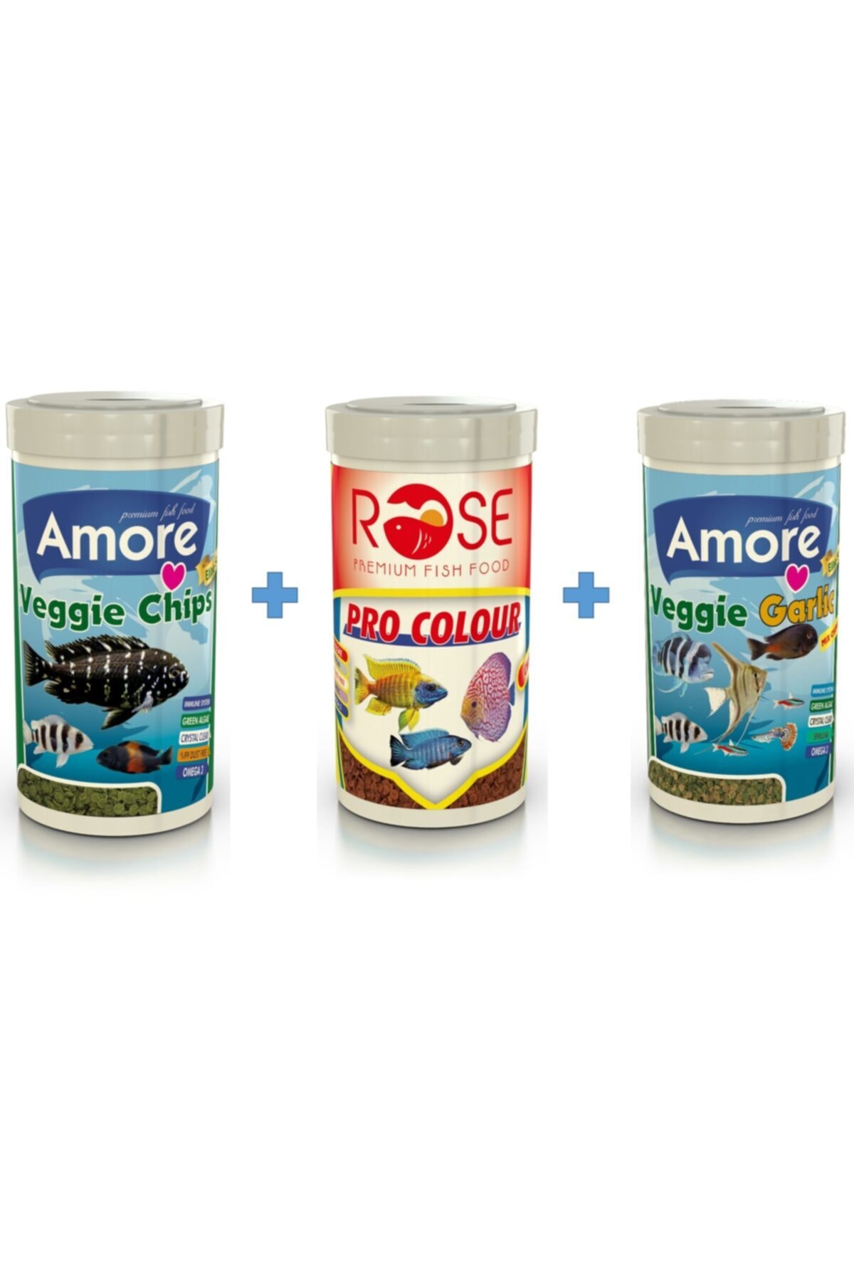 AMORE Elite Veggie Pro Green Algae + Pro Colour Chips + Veggie Garlic Tropikal Balık Yemi 3x250ml