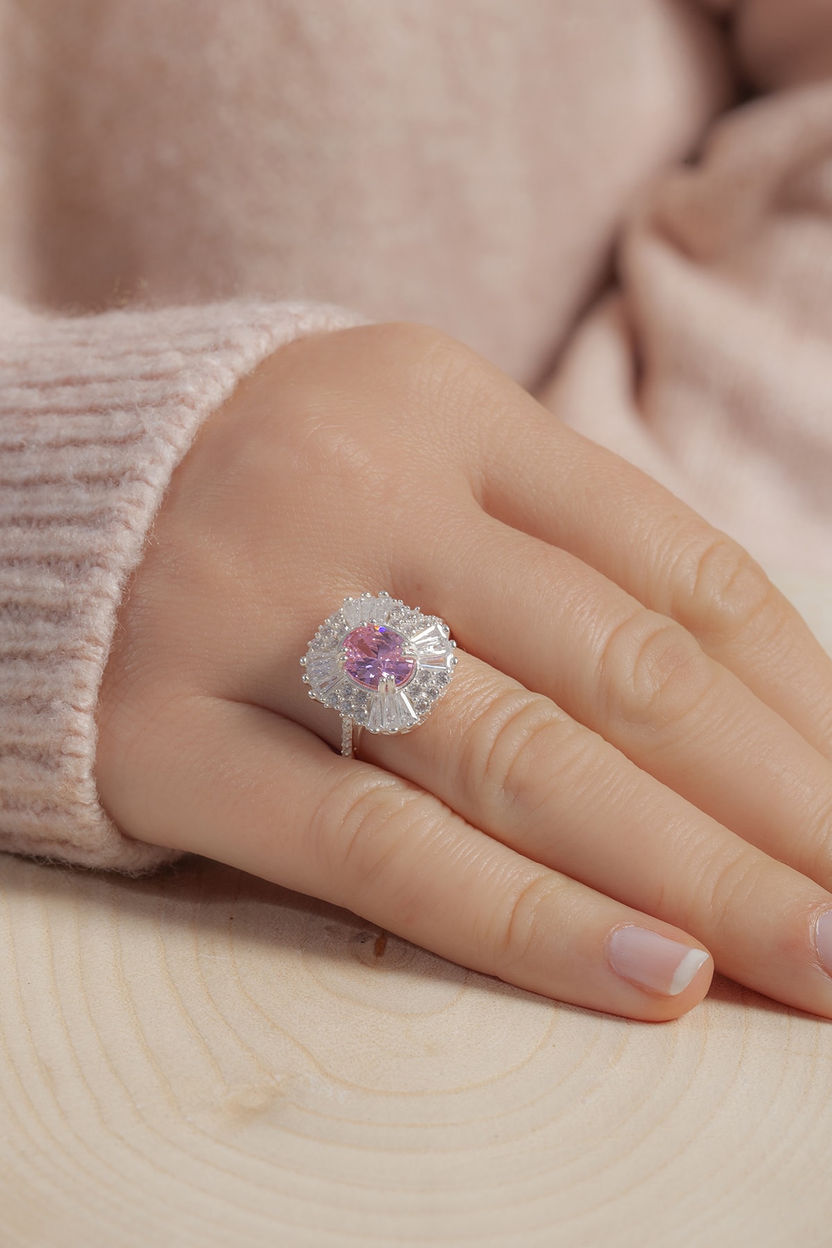 Tmec Silver Pembe Baget Taşlı Kare Model Gümüş Yüzük Bahar