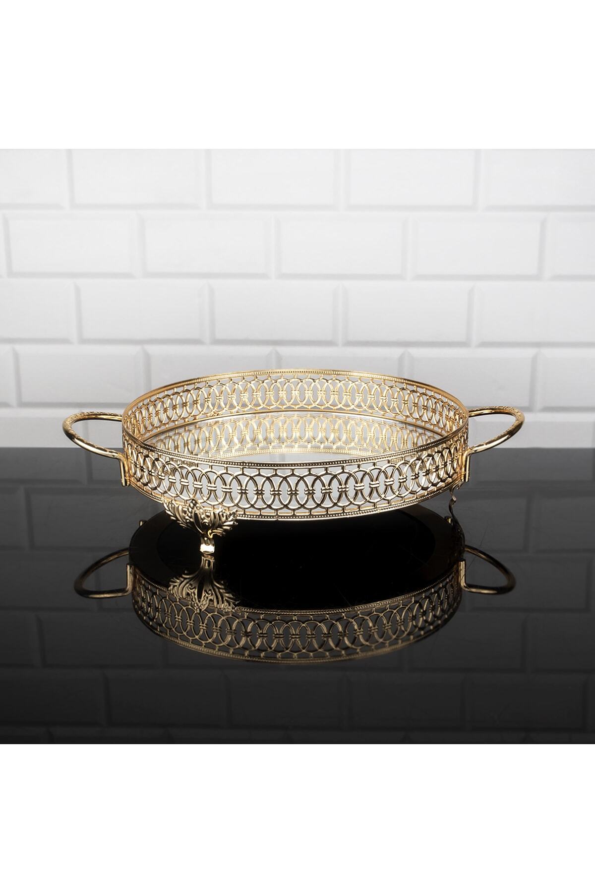 Favorite Kitchen Aynalı Yuvarlak Tepsi Dekoratif Tepsi Çikolata Tepsisi 25cm Altın