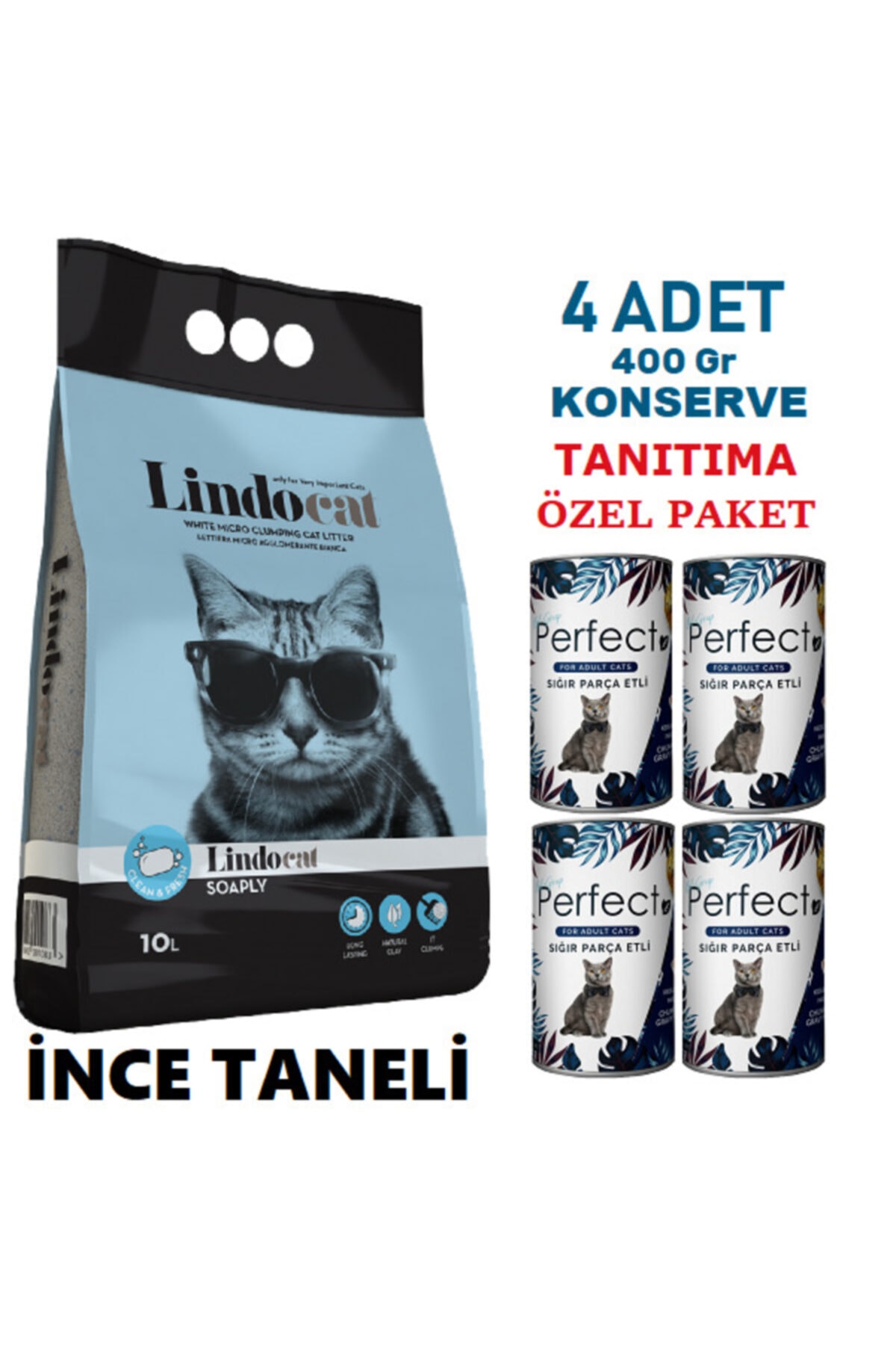 Lindo Cat 10 Lt Lindocat Ince Sabun Kokulu Kedi Kumu & 4 Adet Konserve Tanıtıma Özel Fiyat