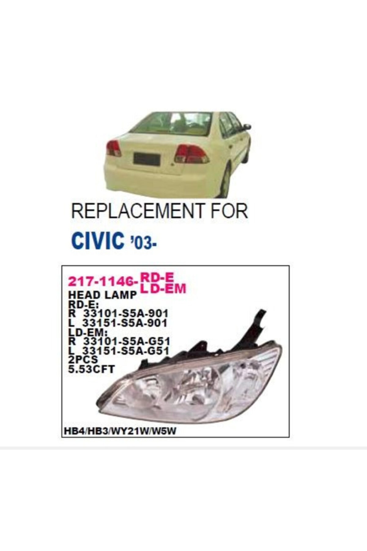 TAIWAN Honda Cıvıc Ön Sol Far 2004-2006 Vtec2