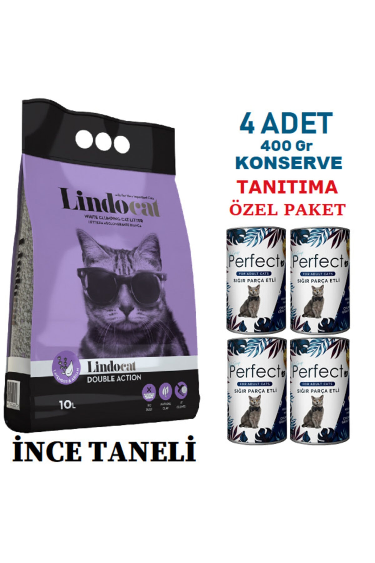 Lindo Cat 10 Lt Lindocat Ince Lavanta & Argan Kokulu Kedi Kumu & 4 Adet Konserve Tanıtıma Özel Fiyat