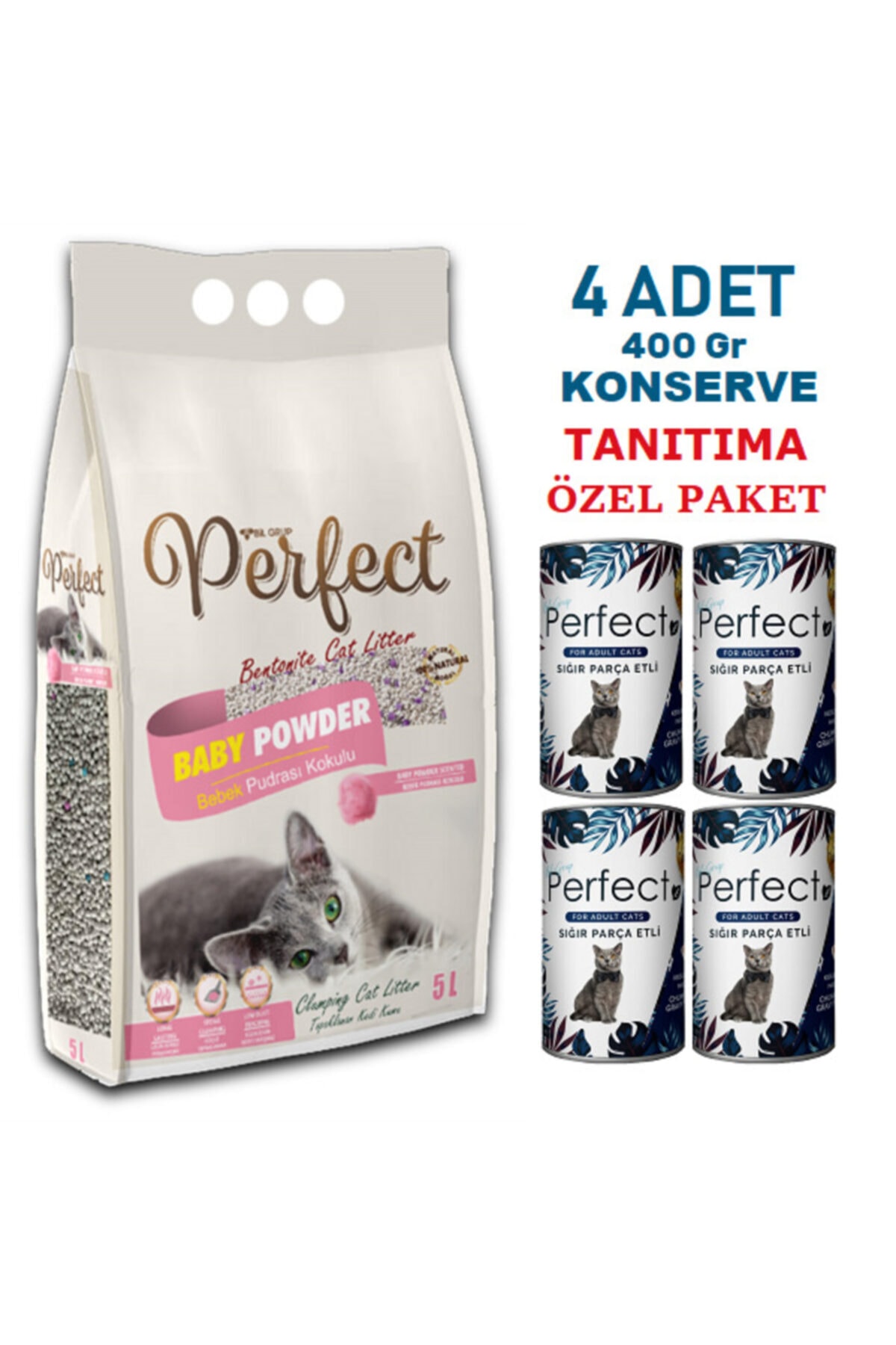 PERFECT 5 Lt Ince Bebek Pudrası Kokulu Kedi Kumu & 4 Adet Konserve Tanıtıma Özel Fiyat