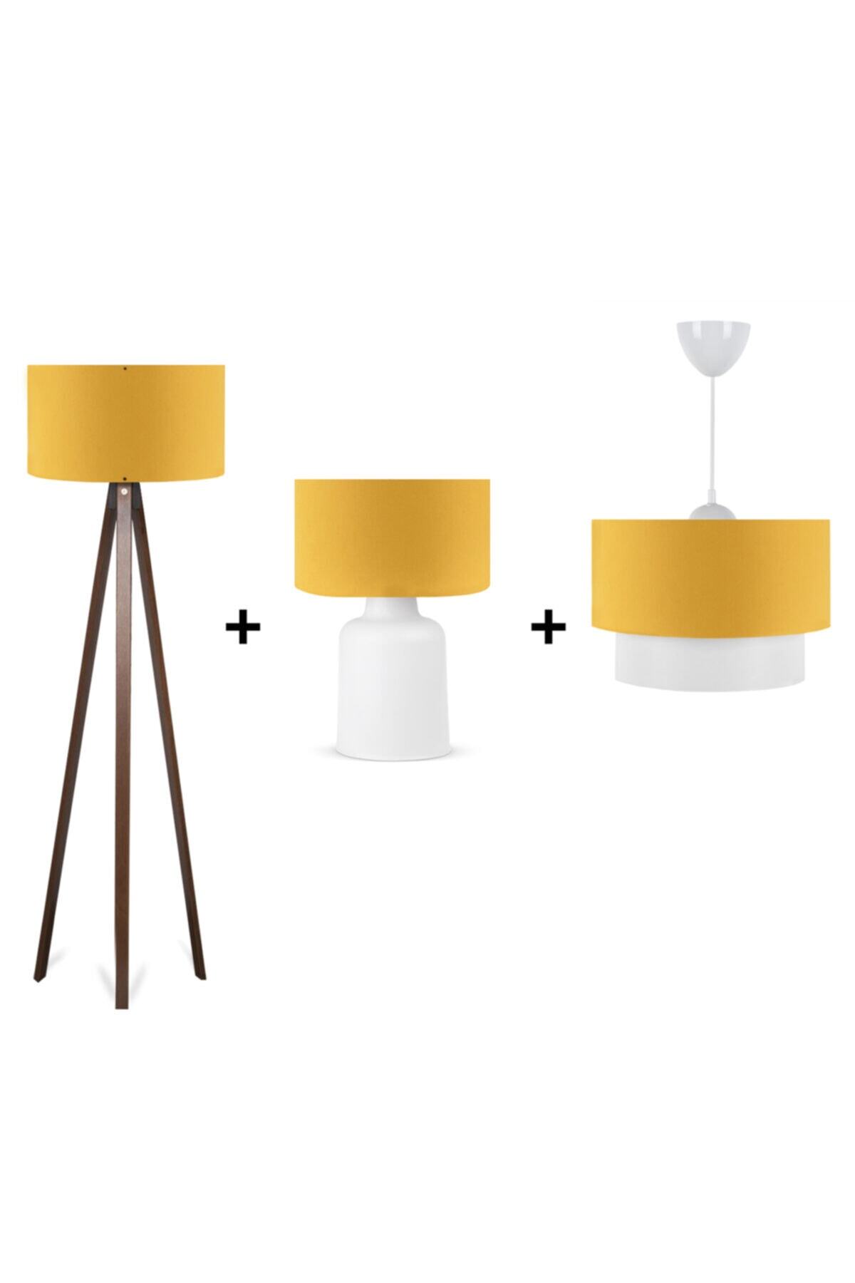 HOMİNG Pratik Ahşap Lambader  Avize ve Pu Mini Abajur 3lü Set