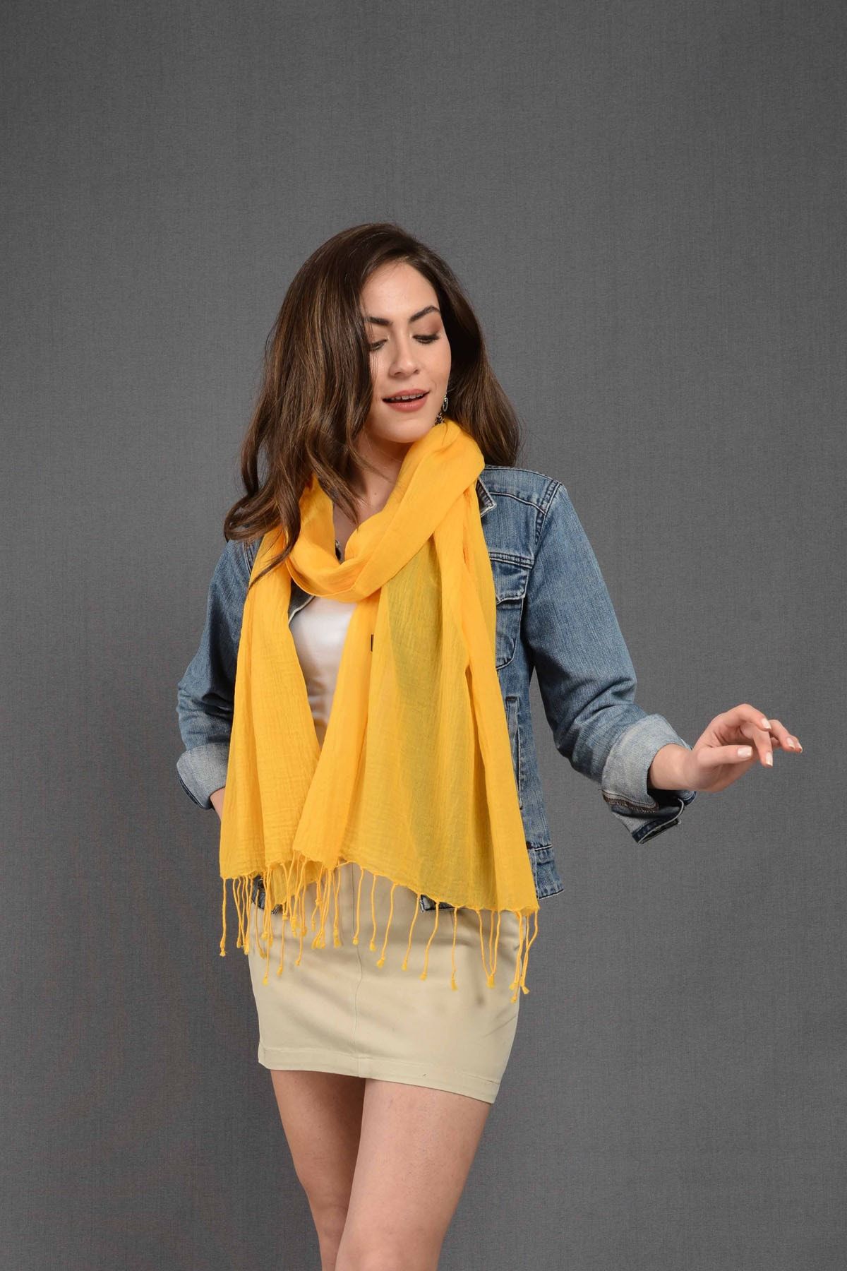 Dosimira Unisex Sarı Düz Boya Pamuklu Fular