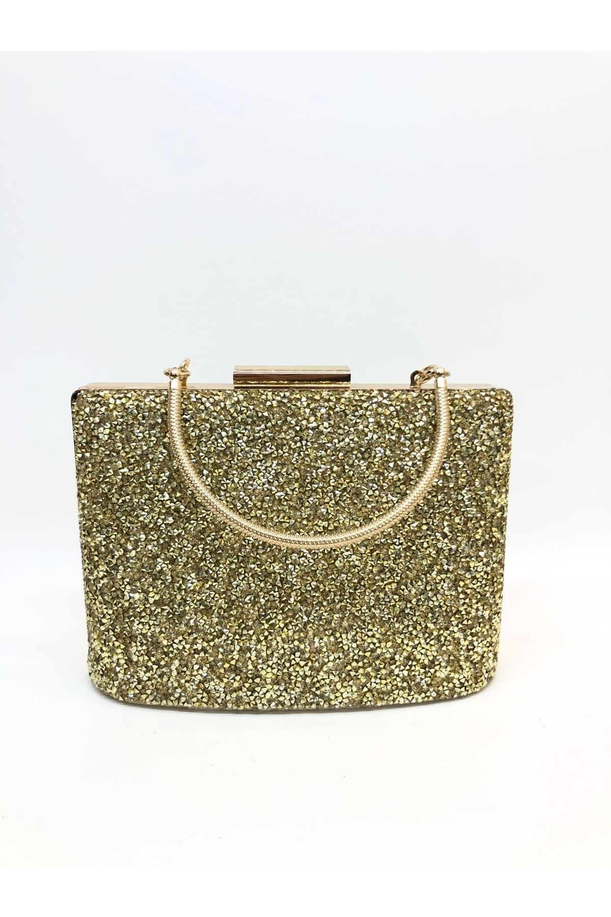 womenacs Kadın Altın Renk Taşlı Abiye Clutch Portföy Çanta