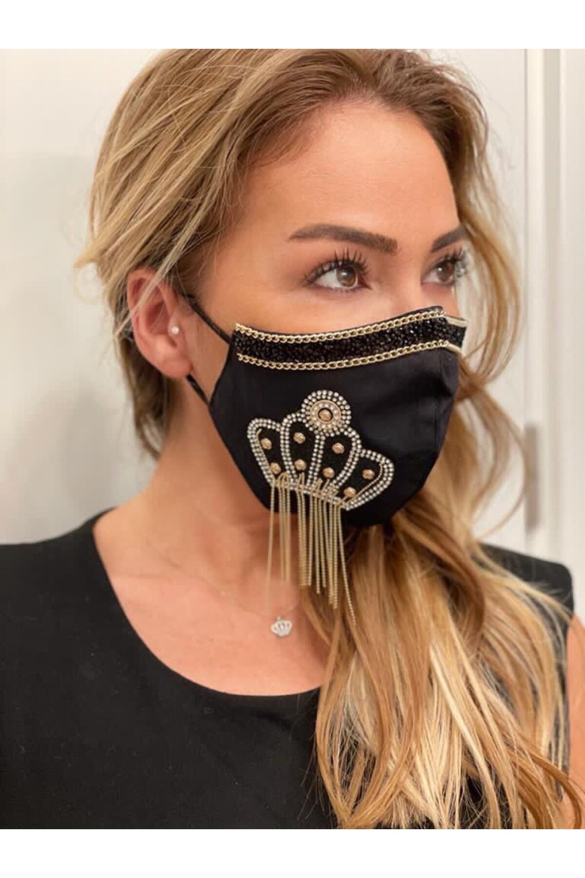 MaskeTrendi Gold Taşlı Pamuklu Kumaş, Telli, Yıkanabilir Maske