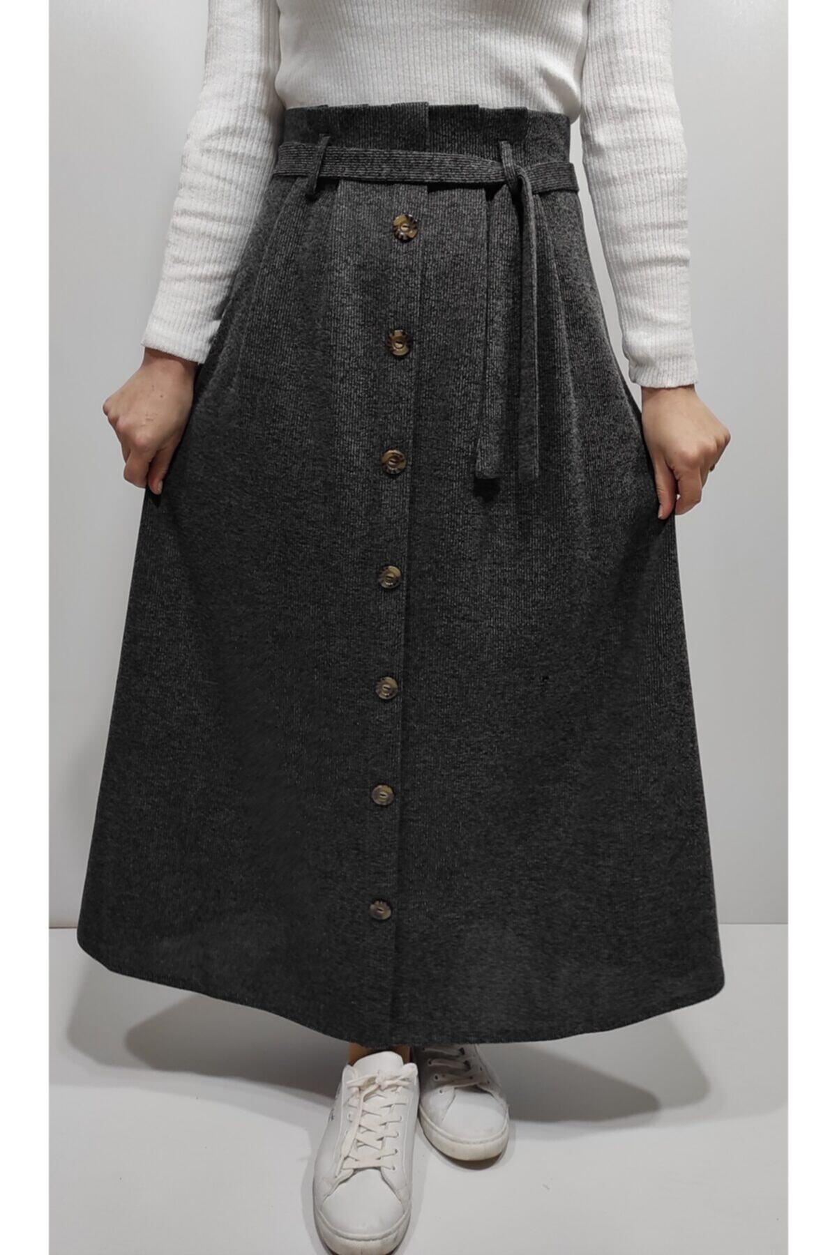 ERMANLAR Kadın Siyah Beli Pileli Uzun Etek