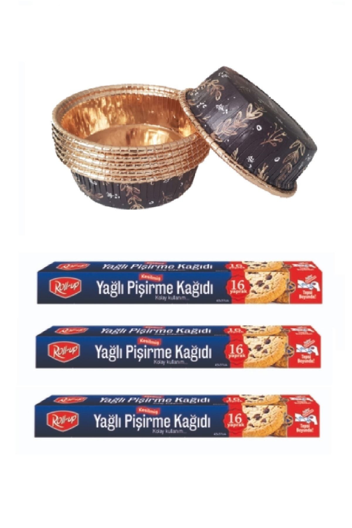 RollUp 3 Kutu 16 Yaprak Kesilmiş Yağlı Kağıt Ve 6 Adet Premium Tatlı Kase Seti