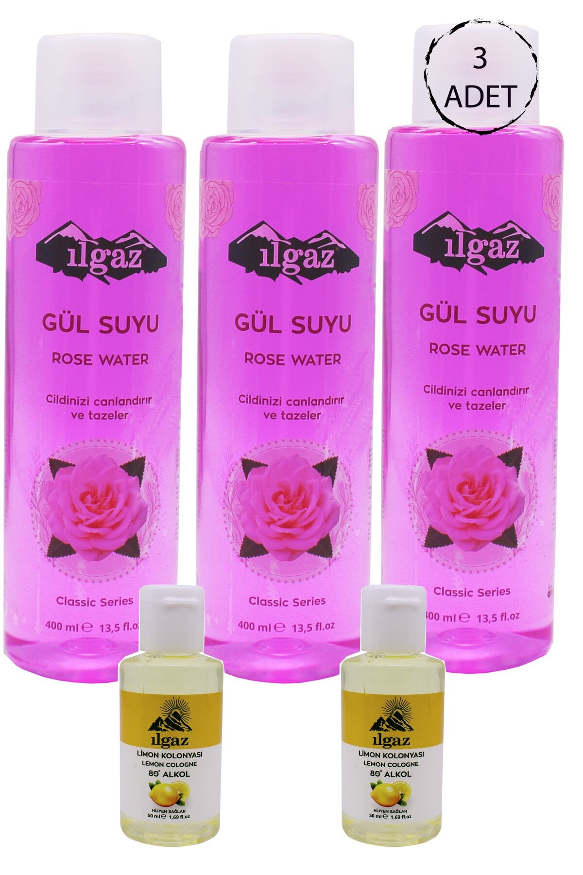 ILGAZ Doğal Gül Suyu 3x400 Ml Saf Gül Suyu 2 Adet 50 Ml Kolonya Hediyeli