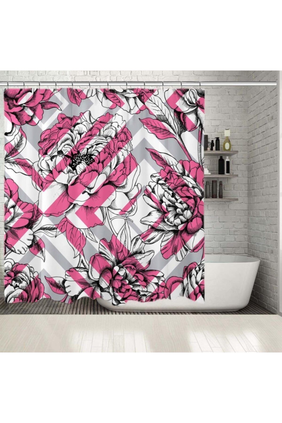 Henge Home Geometrik Pembe Şekil Çiçek Desenli Baskılı Duş Perde