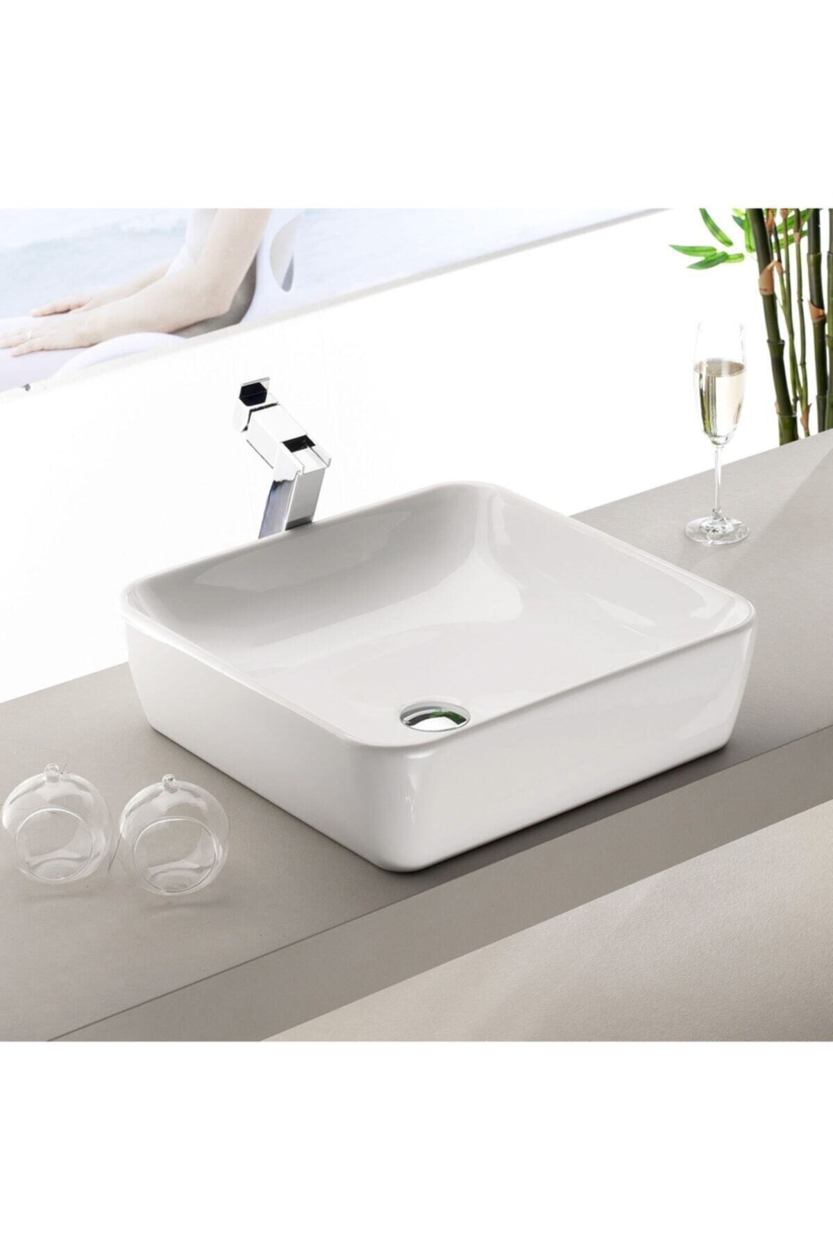 TURKUAZ Beyaz Kare Çanak Tezgah Üstü Lavabo
