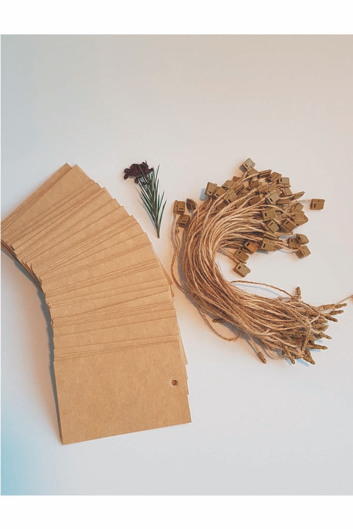 TuruncuEtikett Kraft Baskısız Paket Etiketi 5cm X 8cm 100 Ad Jüt Klips Ipli