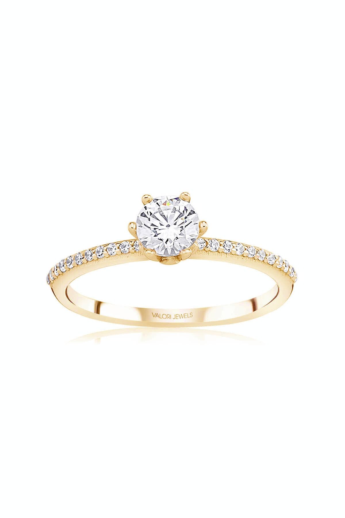 Valori Jewels Altı Tırnak, 0.90 Karat Swarovski Zirkon Taşlı, Altın Rengi Gümüş Tektaş Yüzük