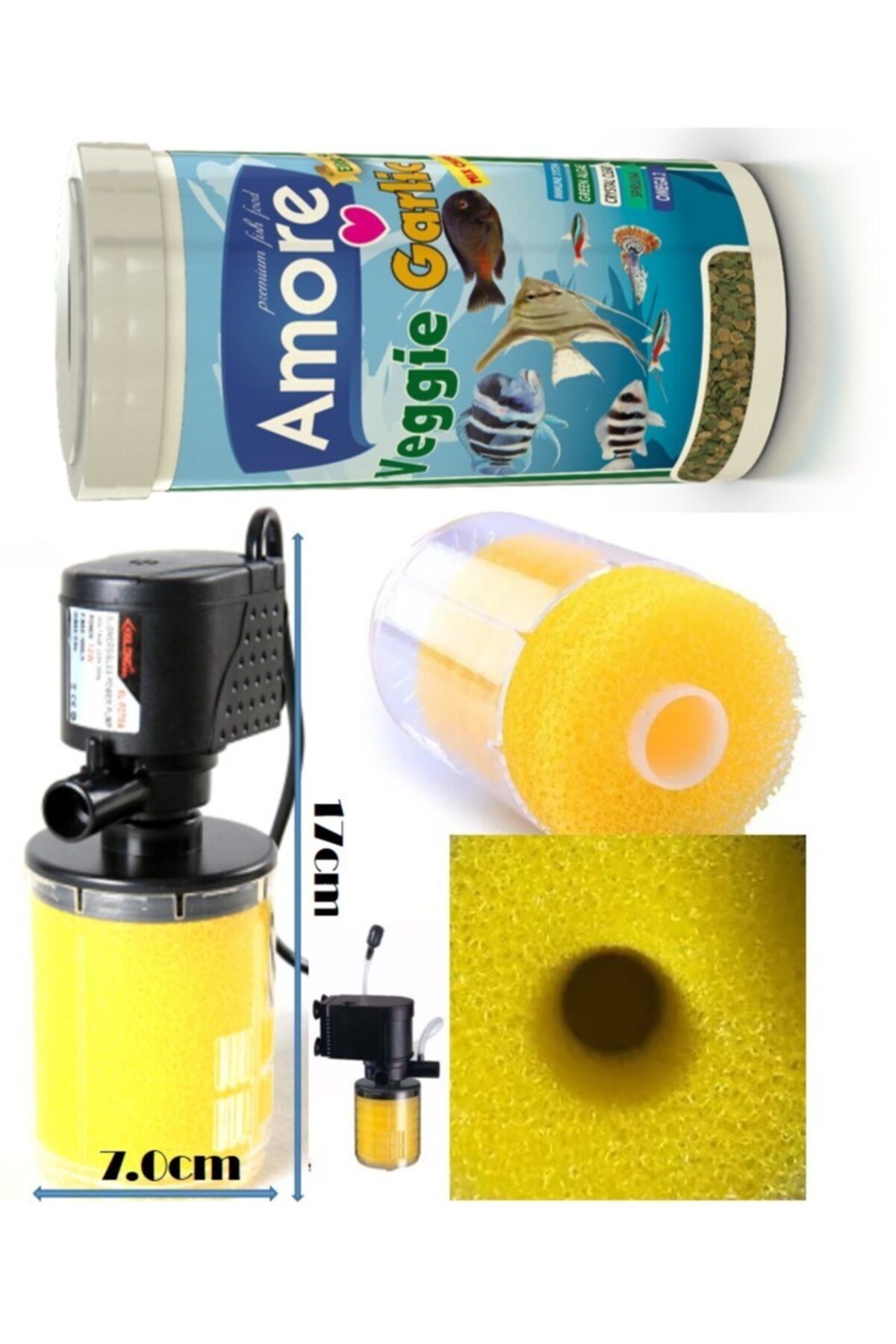 Xilong Xl-f070a Akvaryum Sarı Iç Filtresi 1000 L/saat 12 W + Veggie Garlic Sarımsak 250 Ml Balık Yemi