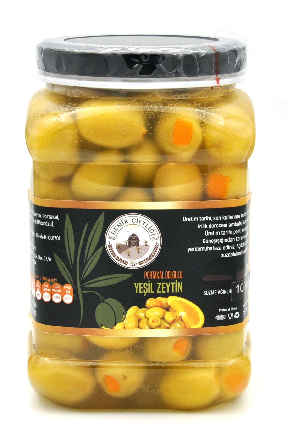 Demir Çiftliği Portakal Dolgulu Yeşil Zeytin -1 Kg