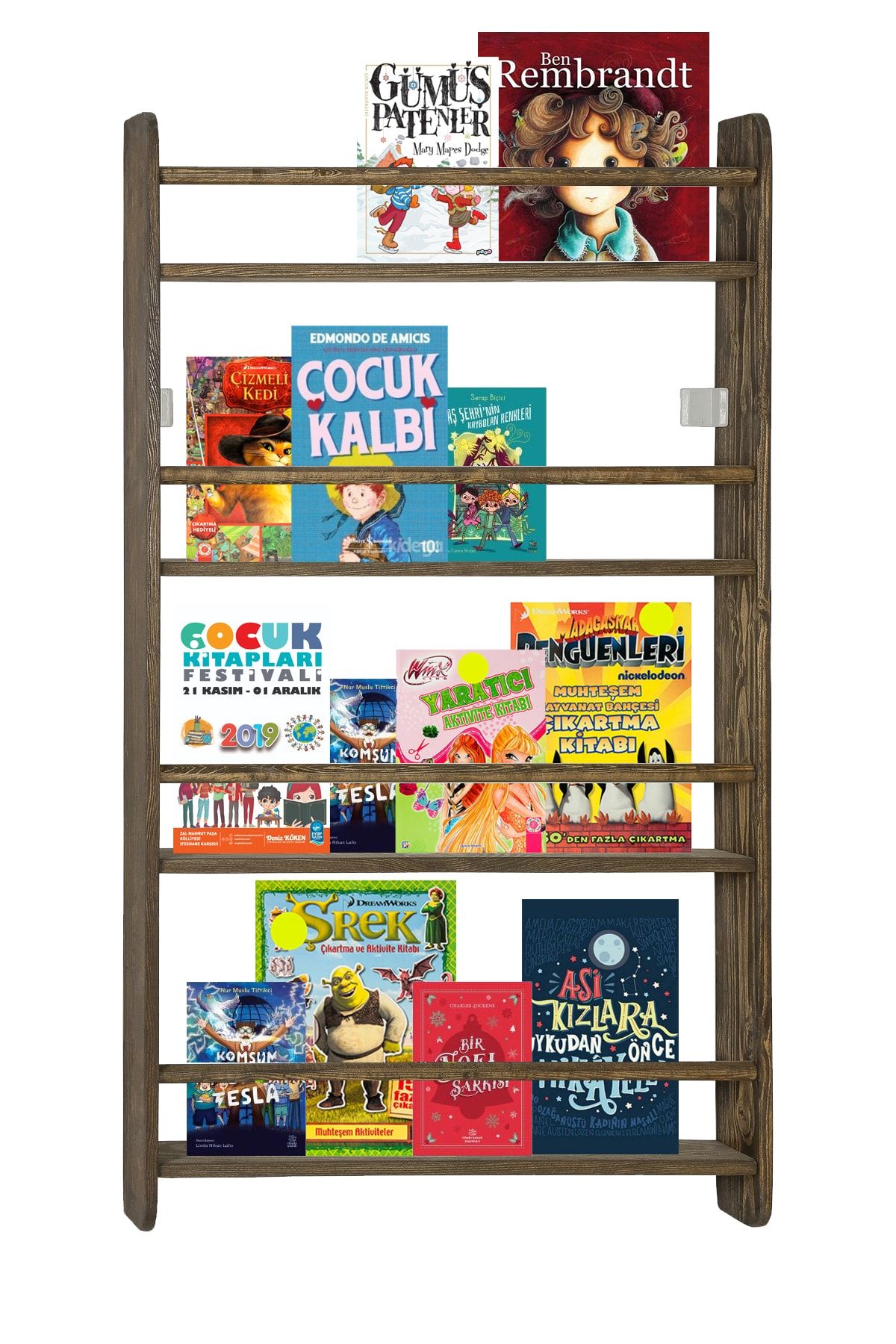 Moccoll Ceviz Çocuk Odası Duvara Monte Montessori Kitaplık 4 Raflı