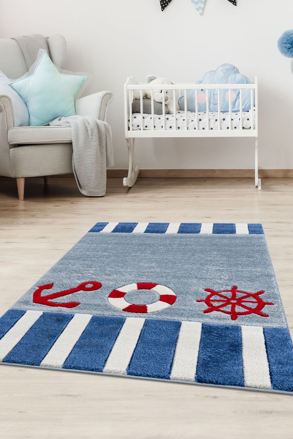 Eliz Home Deniz Gemi Desenli Modern Oymalı Makina Dokuma Erkek Çocuk Odası Halısı