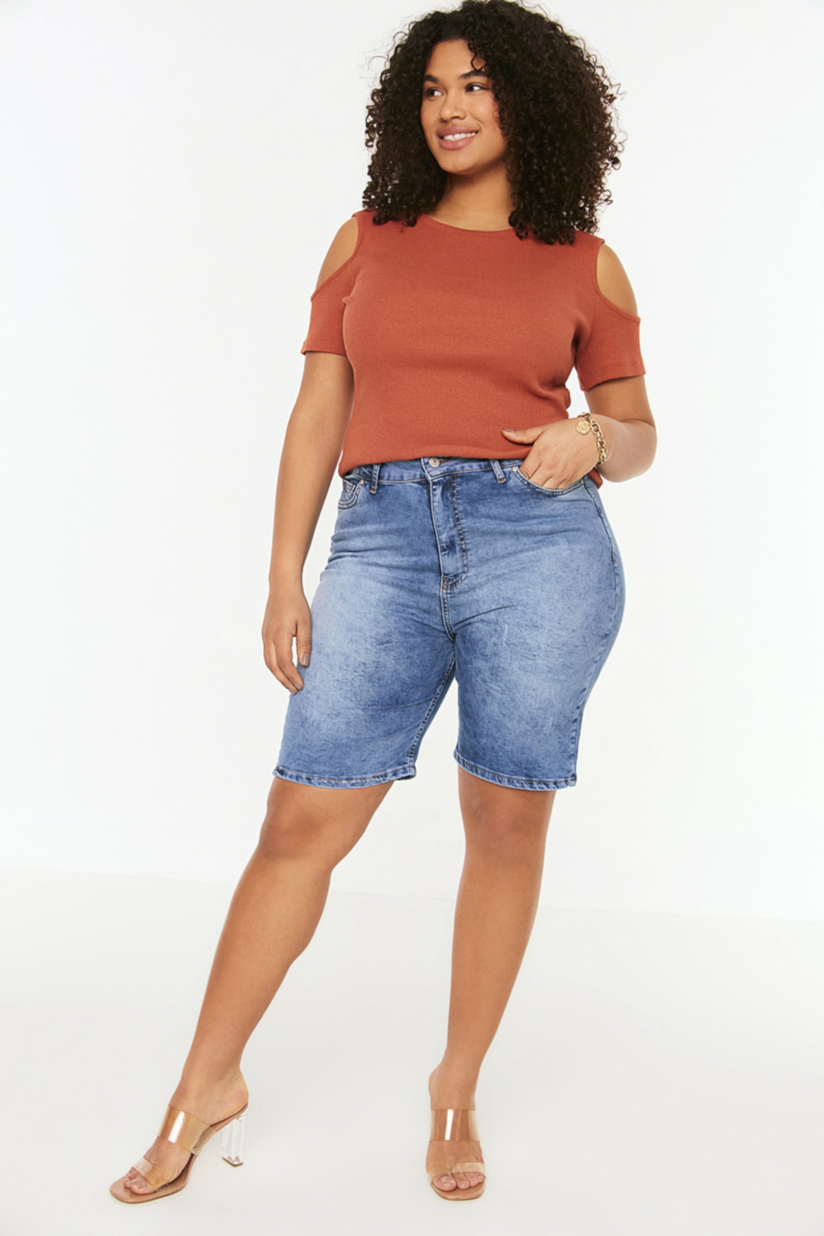 Trendyol Curve Plus Size Shorts Bermuda Navy Blue High Waist Trendyol