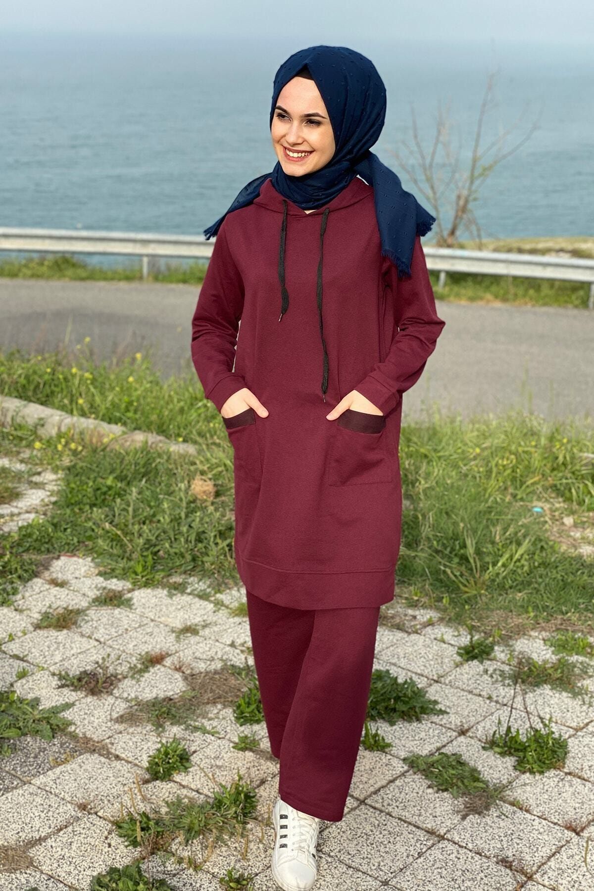 CNG MODA Kadın Çift Ceplihastane Modeli Bordo Eşofman Takımı