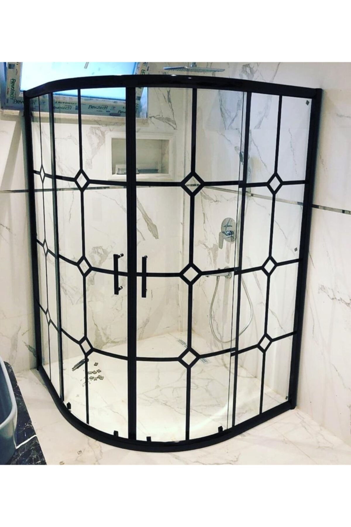ÖZELDUS 90*90 cm Oval Siyah Profil Siyah Çizgili Baskı Desen Cam