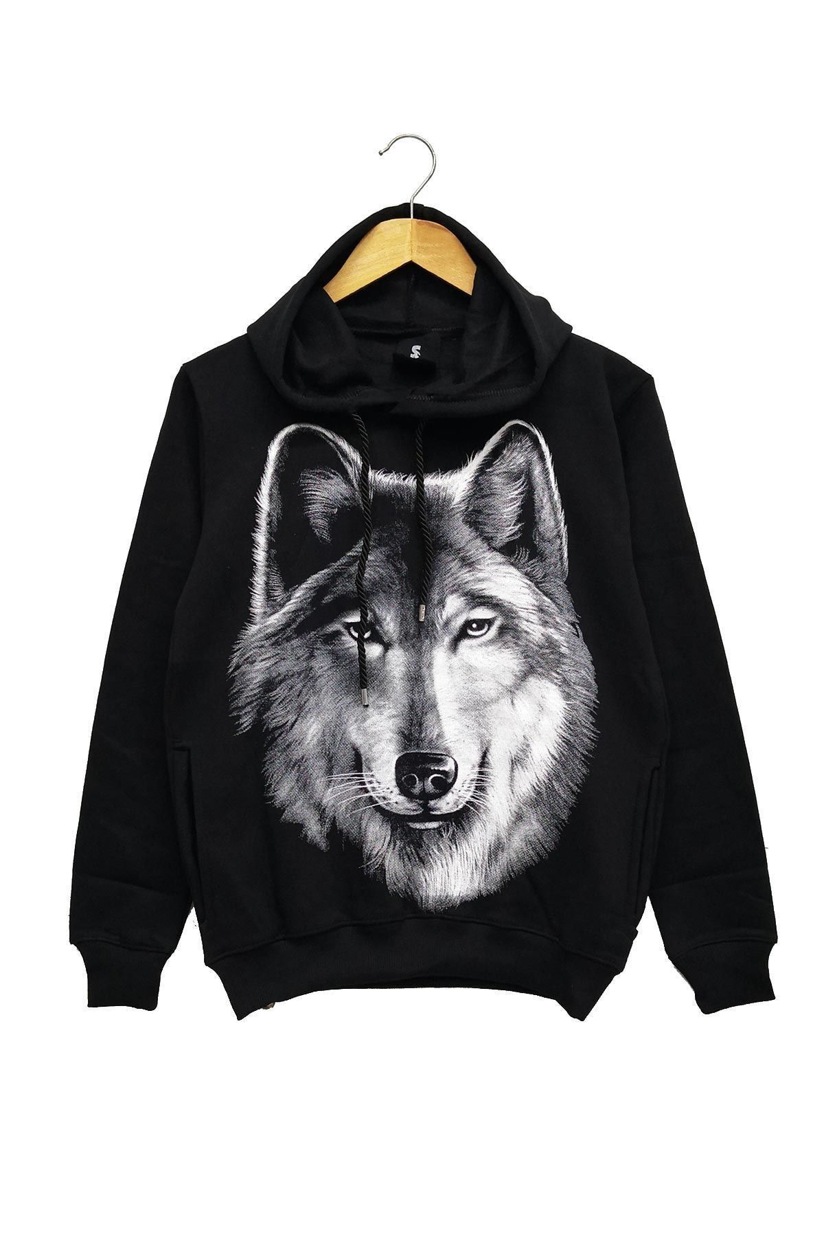 pamuklu kadin siyah kapusonlu kurt baskili sweatshirt fiyati yorumlari trendyol