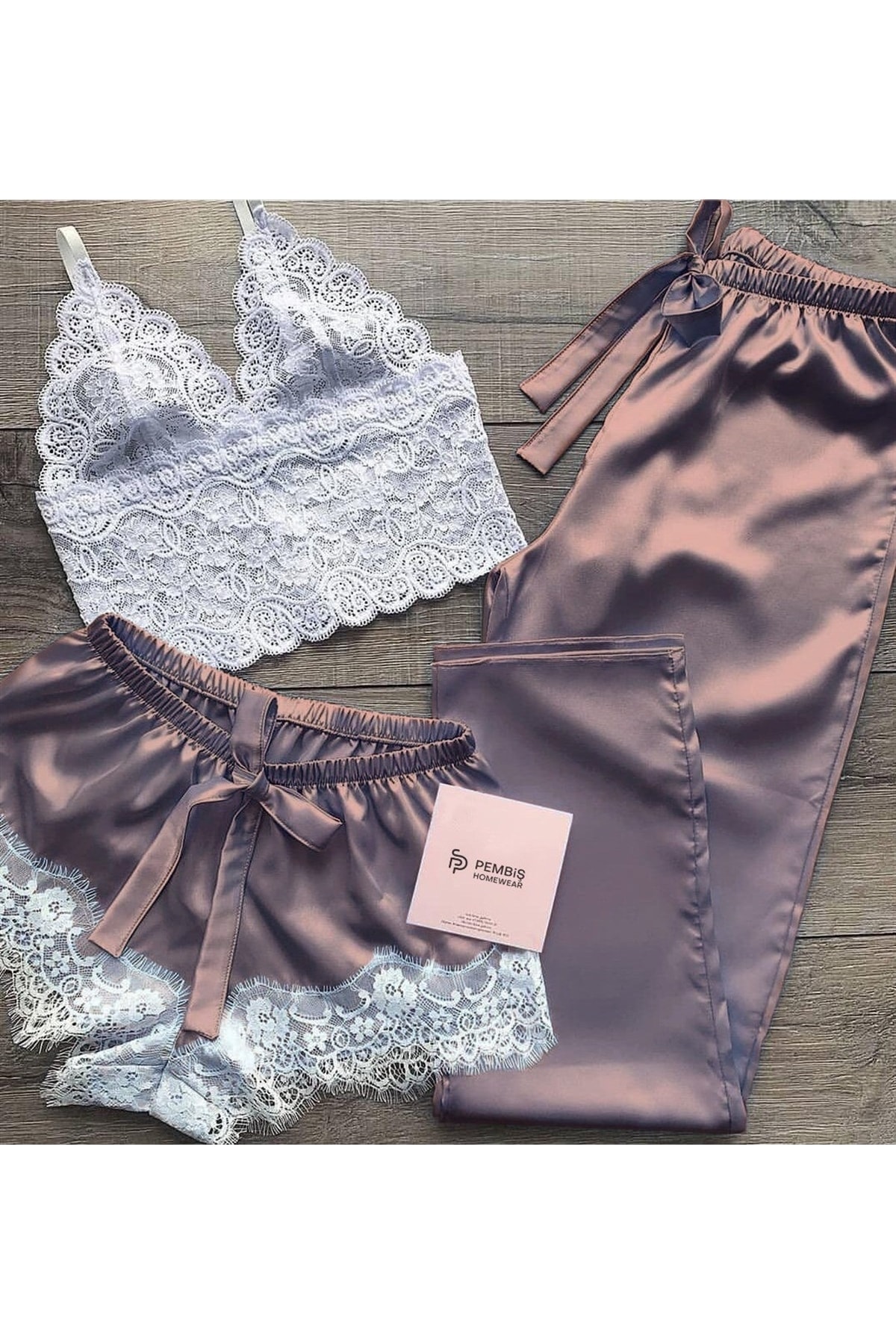 NO BRAND Kadın Mürdüm 3'lü Dantel Büstiyer Saten Pijama Seti