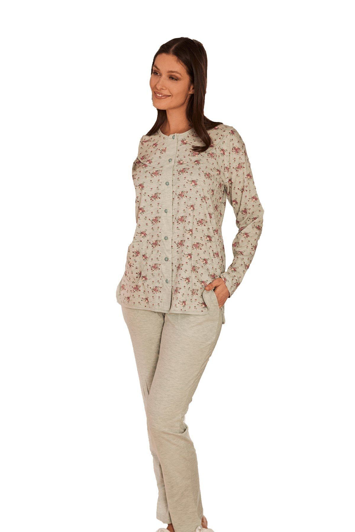 ByLohusa Kadın Turkuaz Çiçek Desenli Önü Açık Pijama Takımı