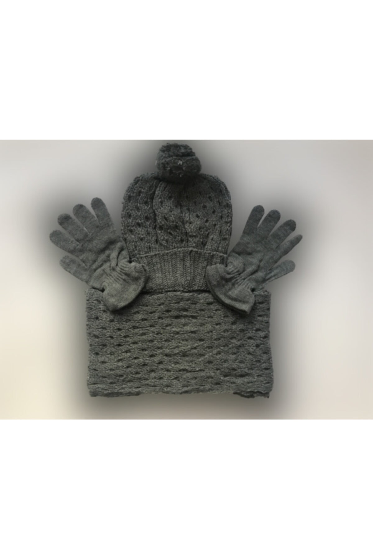 Dükkan Camelia Kadın Gri Atkı Bere Eldiven Seti