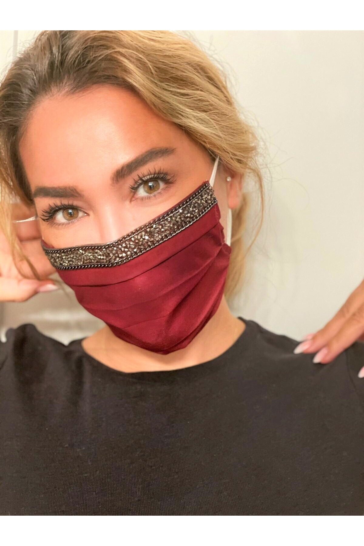 MaskeTrendi Bordo Telli Pamuklu Kumaş Taşlı Yıkanabilir Maske