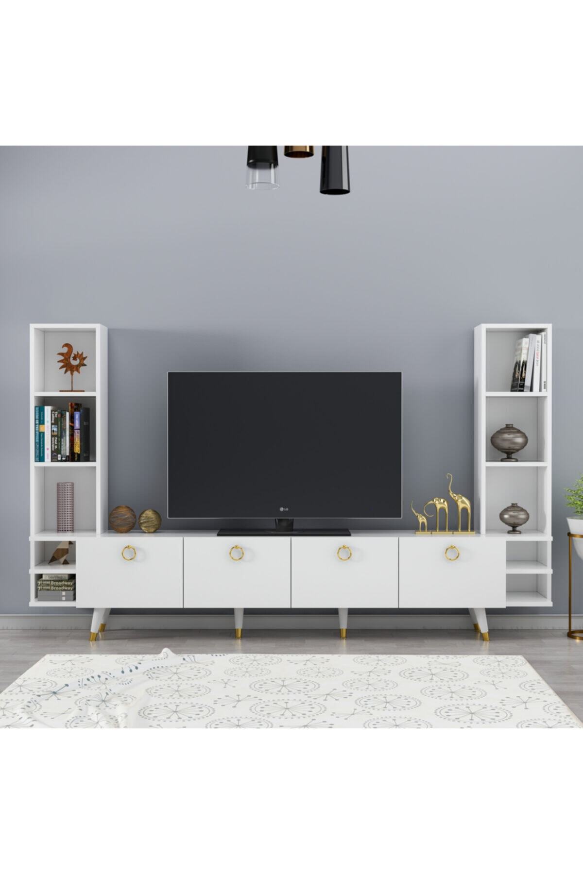 NEWLİNE Dekormia Gold Edda Tv Ünitesi Parlak Beyaz 223 Cm