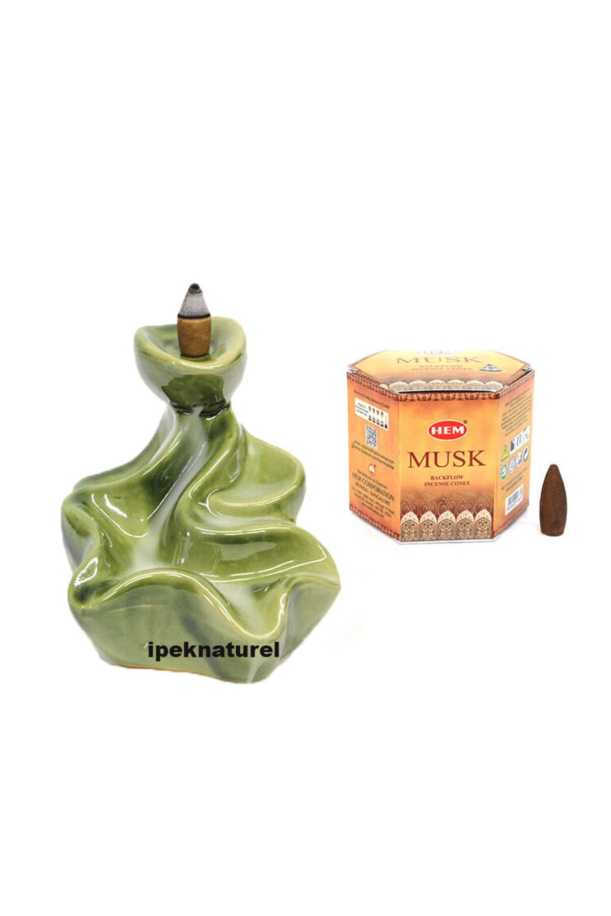 İpek Naturel Şelale Tütsülük Yeşil ve Hem Musk Konik Tütsü 40 Adet
