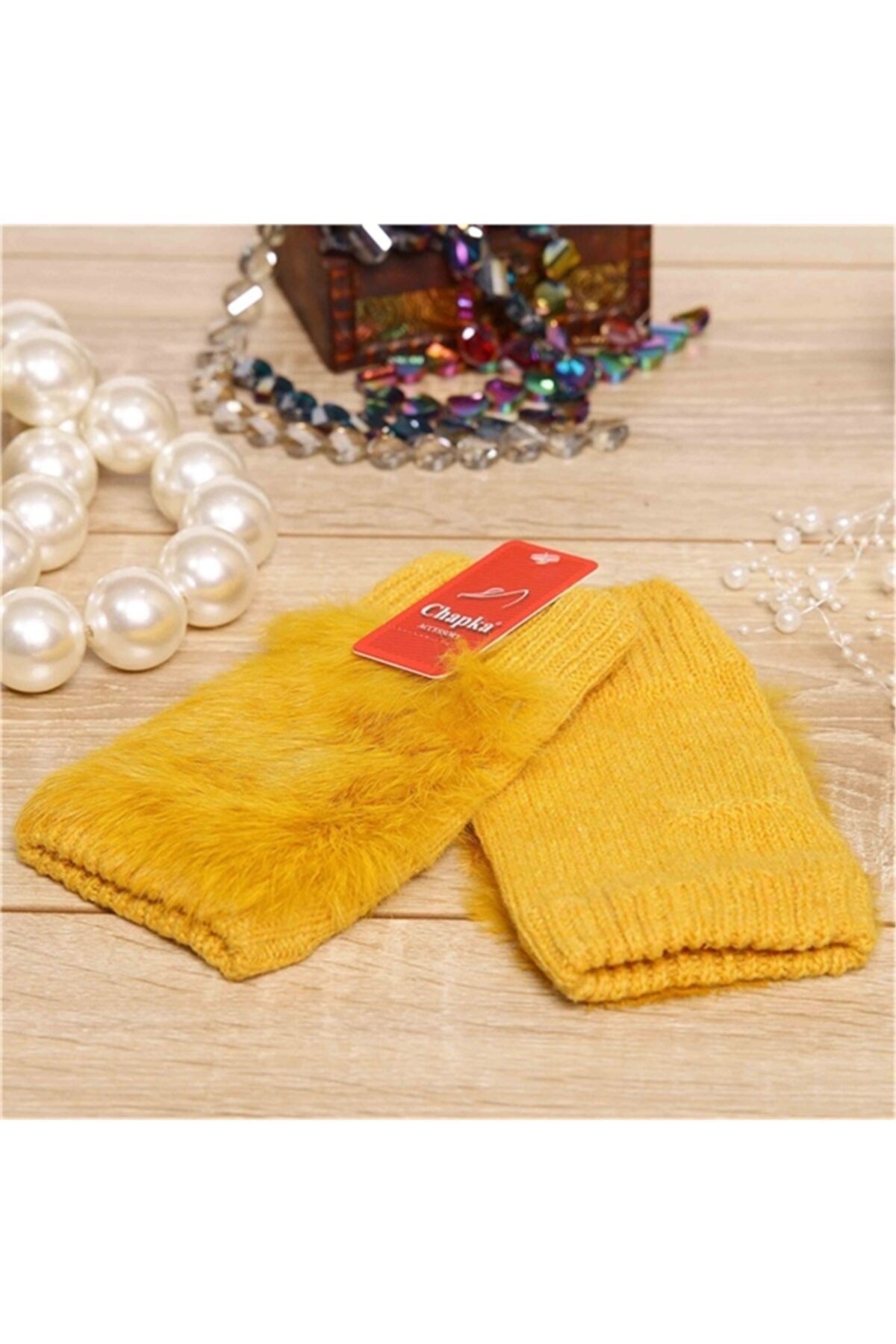 Chapka Kadın Hardal Yarım Peluş Eldiven K-955