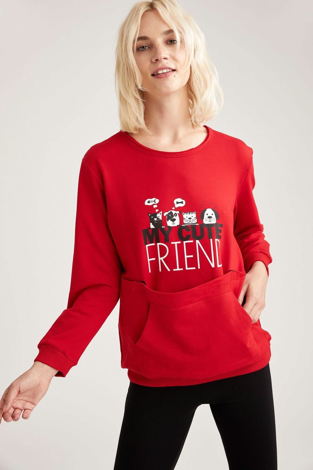 DeFacto Hayvan Baskılı Kanguru Cepli Sweatshirt