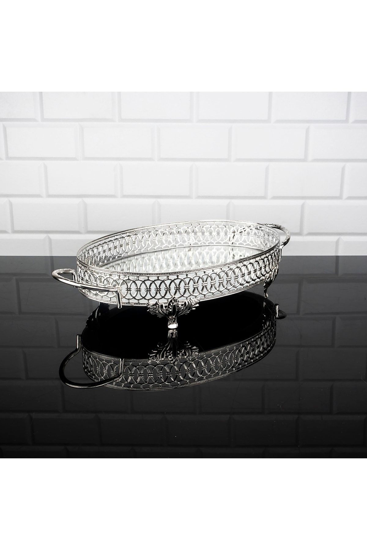 Favorite Kitchen Aynalı Oval Tepsi Dekoratif Tepsi Çikolata Tepsisi 36x20cm Gümüş