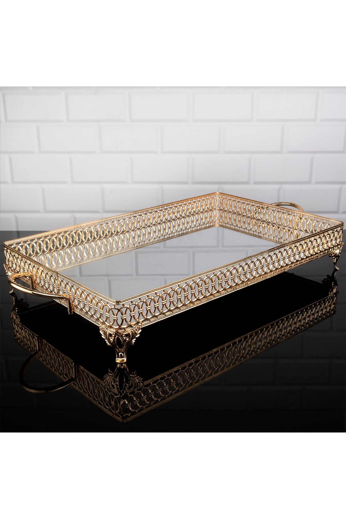 Favorite Kitchen Aynalı Dikdörtgen Tepsi Dekoratif Tepsi 57x27cm Altın