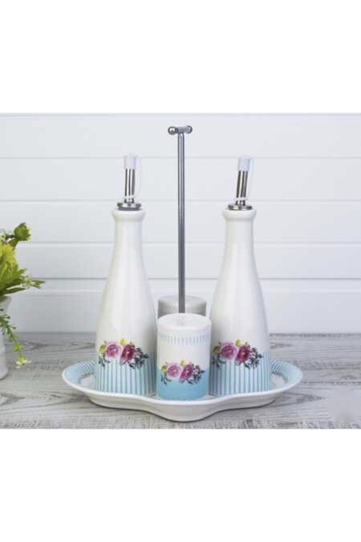 ACAR Flower Porselen Tepsili Tuzluk - Biberlik Yağlık - Sirkelik Set