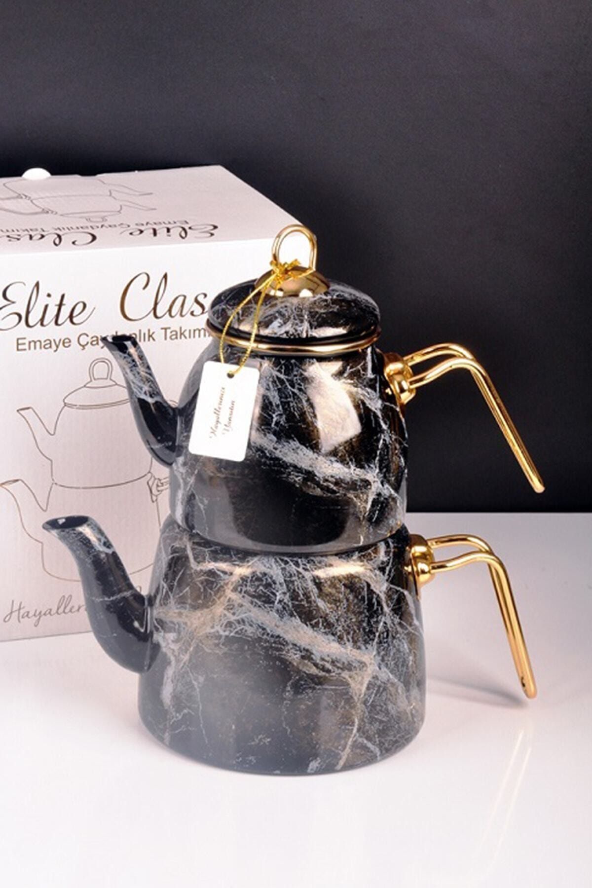 Sepetkitchen Siyah Lüx Elite Class Emaye Çaydanlık Desenli