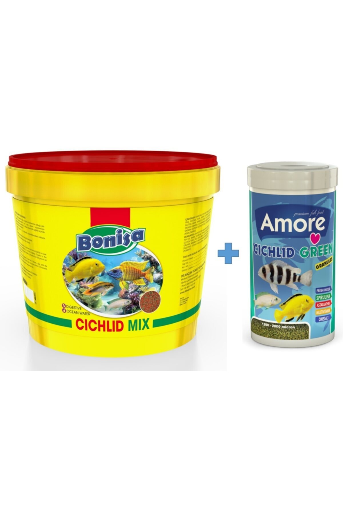bonisa Cichlid Mix 3 Kg Kova + Amore Cichlid Green 1000ml Kutu Akvaryum Balık Yemi