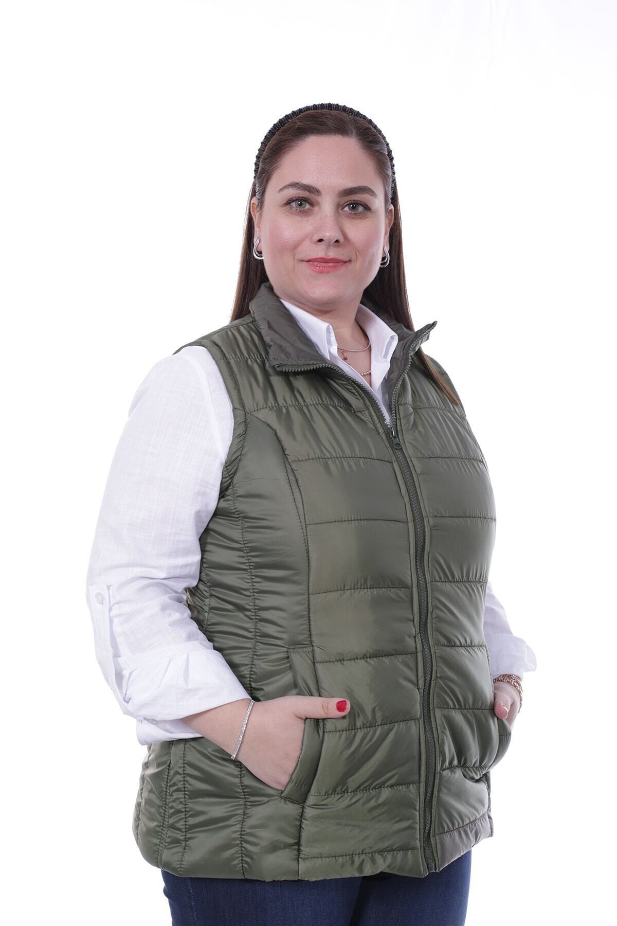 Aylince Kadın Haki Büyük Beden Kapşonsuz Şişme Yelek