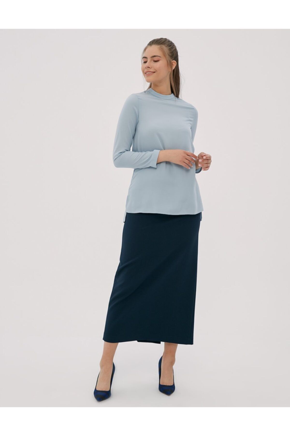 Kayra Kadın Basic Dik Yaka Bluz Açık Mavi Sz-10500
