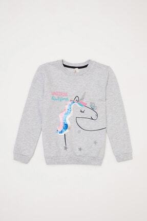 DeFacto Kız &Ccedil;ocuk Gri Melanj Unicorn Baskılı Sweatshirt