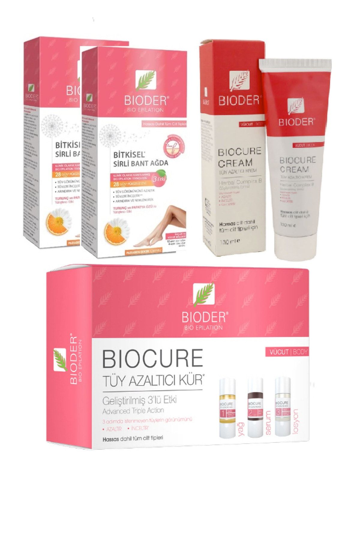 Bioder Tüy Azaltıcı Kür 3'lü Etki 3 X 10 ml Vücut Için Vücut Krem 130ml Ağda Bandı 24 Adet