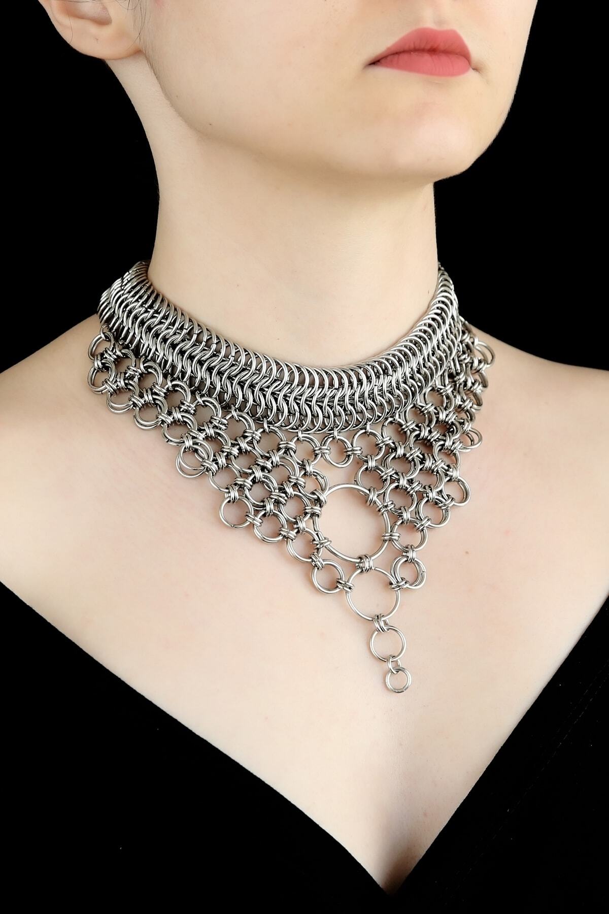 Mavra Handmade Örme Zincir Gümüş Renk Choker Tasarım Tasma Kolye